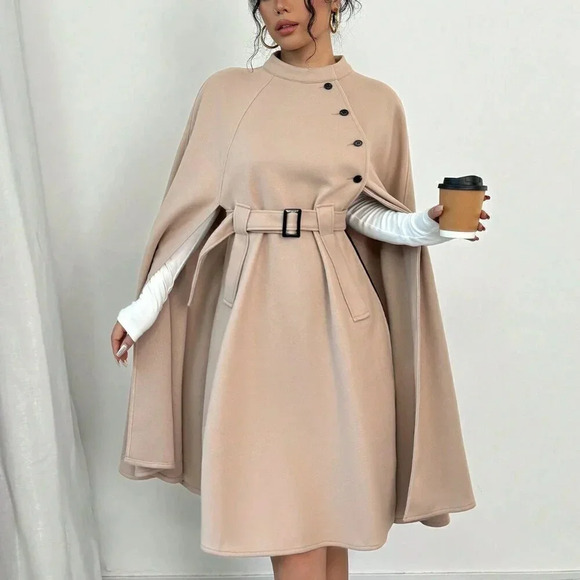 Jackets & Blazers - Khaki Elegant Women's Casual Cape Sleeve Button Decor Wool Blend Jacket